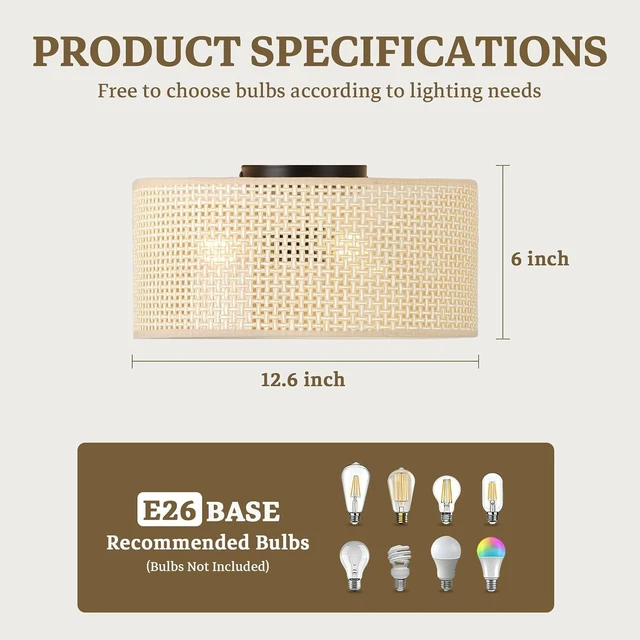 Alt view image 2 of 7 - 13Inch Boho Semi Flush Mount Ceiling Light,Natural Woven Drum 3-Light Ciling Fixture for Bedroom,Living Room,Dining Room,Kitchen,Hallway,Entryway,Coastal and Scandinavian Style Lighting