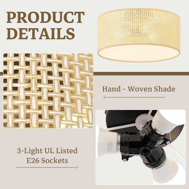 Alt view image 3 of 7 - 13Inch Boho Semi Flush Mount Ceiling Light,Natural Woven Drum 3-Light Ciling Fixture for Bedroom,Living Room,Dining Room,Kitchen,Hallway,Entryway,Coastal and Scandinavian Style Lighting