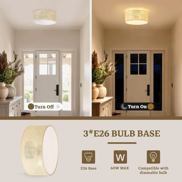 Alt view image 4 of 7 - 13Inch Boho Semi Flush Mount Ceiling Light,Natural Woven Drum 3-Light Ciling Fixture for Bedroom,Living Room,Dining Room,Kitchen,Hallway,Entryway,Coastal and Scandinavian Style Lighting
