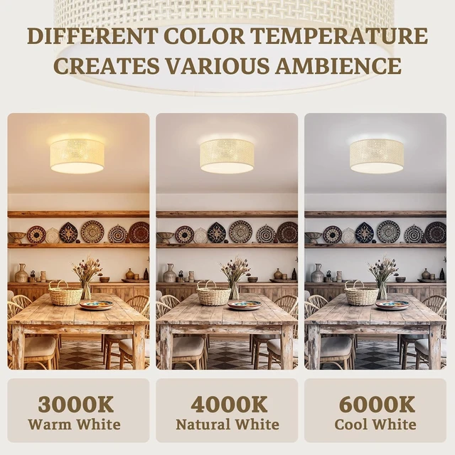 Alt view image 5 of 7 - 13Inch Boho Semi Flush Mount Ceiling Light,Natural Woven Drum 3-Light Ciling Fixture for Bedroom,Living Room,Dining Room,Kitchen,Hallway,Entryway,Coastal and Scandinavian Style Lighting