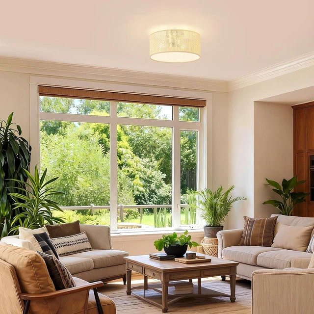 Alt view image 6 of 7 - 13Inch Boho Semi Flush Mount Ceiling Light,Natural Woven Drum 3-Light Ciling Fixture for Bedroom,Living Room,Dining Room,Kitchen,Hallway,Entryway,Coastal and Scandinavian Style Lighting