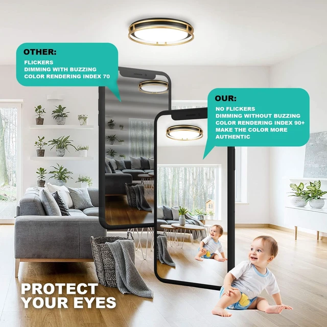 Alt view image 4 of 7 - 13 Inch LED Flush Mount Ceiling Light Fixture, 26W, Super Bright 1700 Lumens, 3 Color 3000K/4000K/5000K, Dimmable Ceiling Lamp for Bedroom Hallway Bathroom Kitchen Laundry (Black Gold)