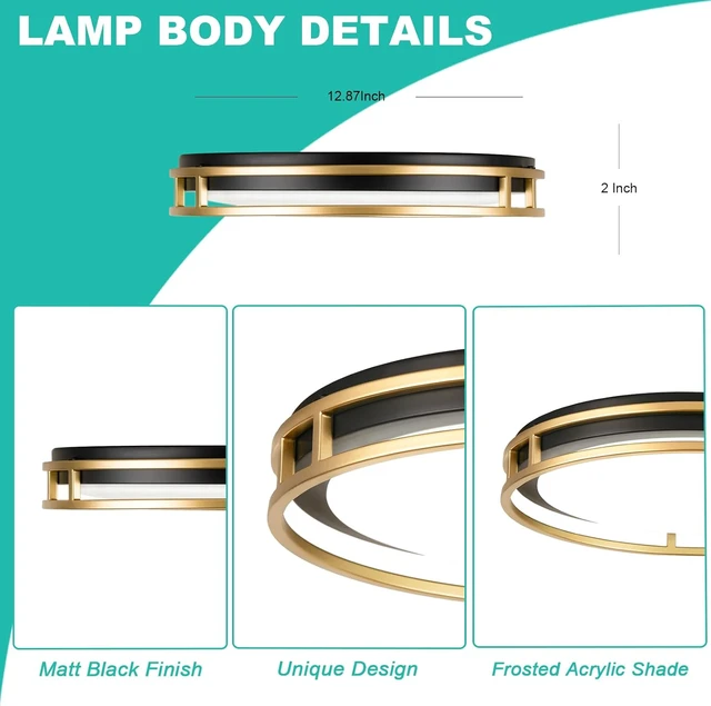 Alt view image 5 of 7 - 13 Inch LED Flush Mount Ceiling Light Fixture, 26W, Super Bright 1700 Lumens, 3 Color 3000K/4000K/5000K, Dimmable Ceiling Lamp for Bedroom Hallway Bathroom Kitchen Laundry (Black Gold)