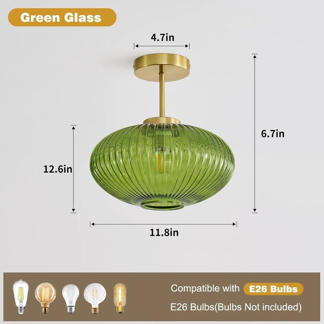 Alt view image 2 of 7 - Green Semi Flush Mount Ceiling Light,Glass Ceiling Light Fixture