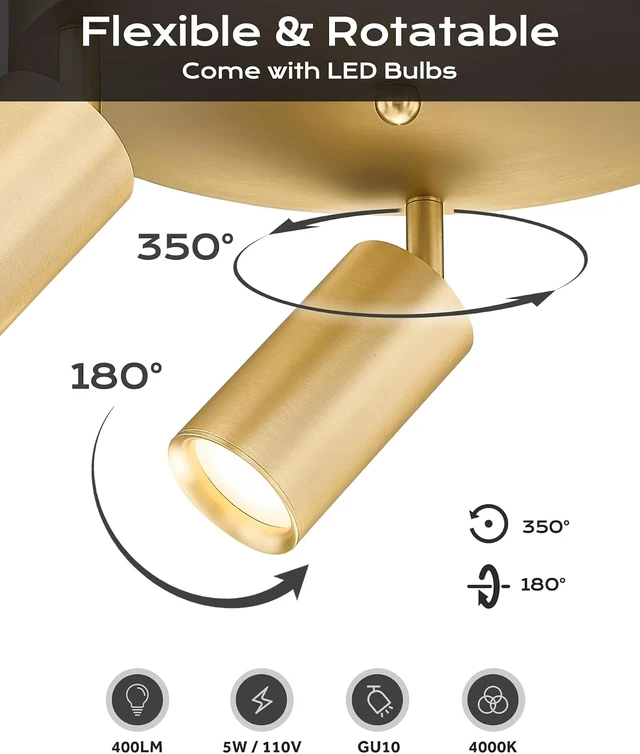 Alt view image 3 of 7 - FEMILA 3 Light Track Lighting Fixtures Ceiling, Brushed Gold LED Track Light with 3000K Bulbs, Track Lights Ceiling Mount for Kitchen, Hallway, Gallery, 4FS84F-3 BG