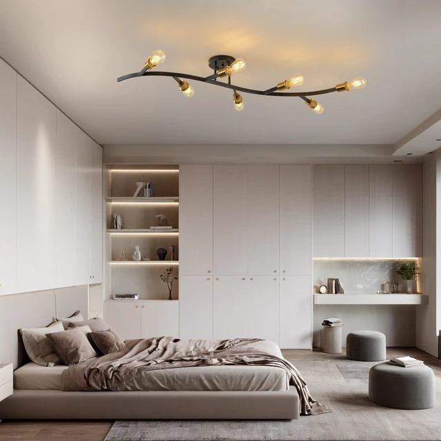 Alt view image 2 of 7 - Modern Semi Flush Mount Ceiling Light Fixture for Kitchen Island,Black and Gold 7-Lights Sputnik Chandelier for Living Room,Bedroom,Office(Bulbs Not Included)