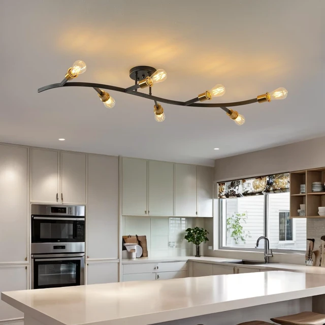 Main image of Modern Semi Flush Mount Ceiling Light Fixture for Kitchen Island,Black and Gold 7-Lights Sputnik Chandelier for Living Room,Bedroom,Office(Bulbs Not Included)