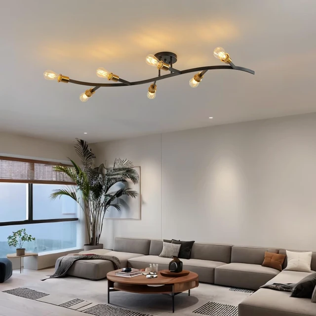 Alt view image 4 of 7 - Modern Semi Flush Mount Ceiling Light Fixture for Kitchen Island,Black and Gold 7-Lights Sputnik Chandelier for Living Room,Bedroom,Office(Bulbs Not Included)