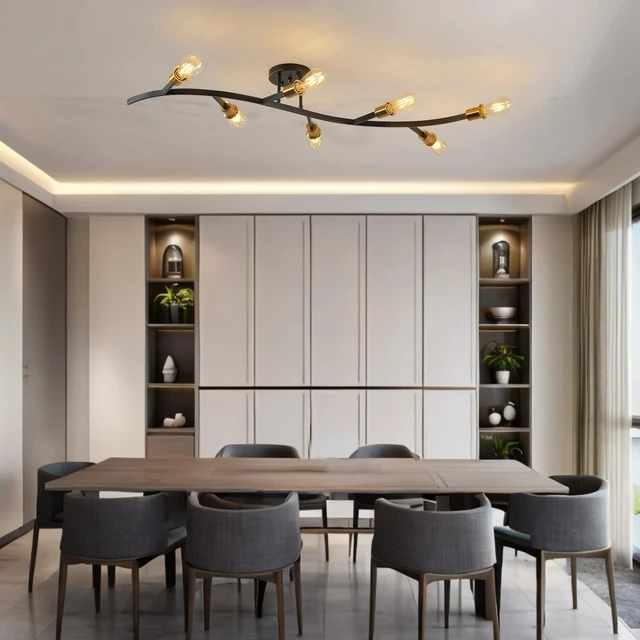 Alt view image 5 of 7 - Modern Semi Flush Mount Ceiling Light Fixture for Kitchen Island,Black and Gold 7-Lights Sputnik Chandelier for Living Room,Bedroom,Office(Bulbs Not Included)