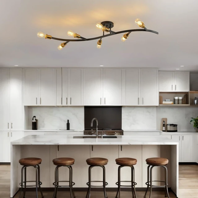Alt view image 7 of 7 - Modern Semi Flush Mount Ceiling Light Fixture for Kitchen Island,Black and Gold 7-Lights Sputnik Chandelier for Living Room,Bedroom,Office(Bulbs Not Included)
