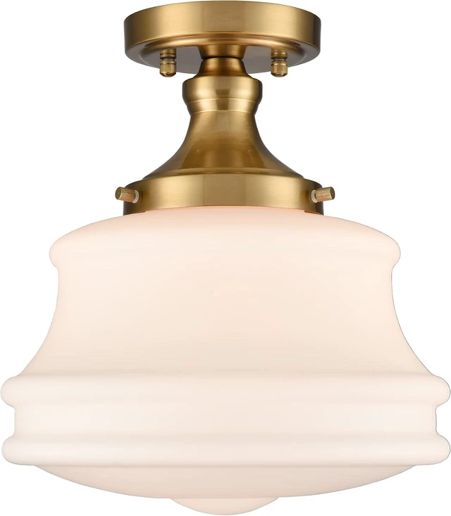 Main image of Modern Brass Schoolhouse Semi Flush Ceiling Light, Opal Milk Glass