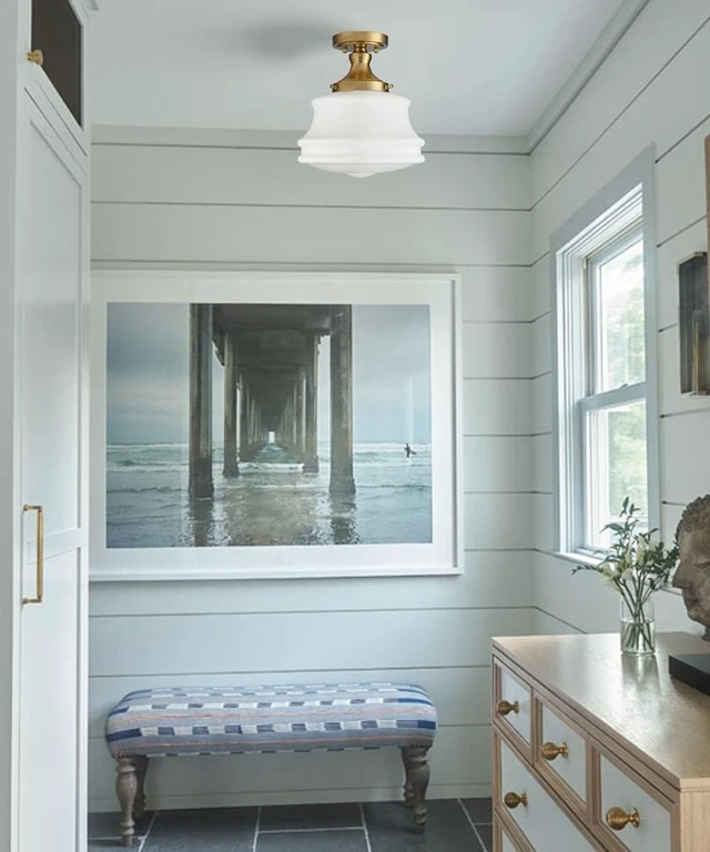 Alt view image 2 of 7 - Modern Brass Schoolhouse Semi Flush Ceiling Light, Opal Milk Glass