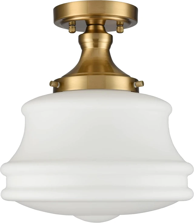 Alt view image 6 of 7 - Modern Brass Schoolhouse Semi Flush Ceiling Light, Opal Milk Glass