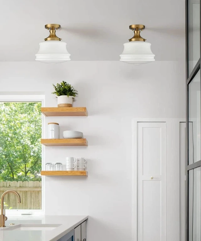 Alt view image 7 of 7 - Modern Brass Schoolhouse Semi Flush Ceiling Light, Opal Milk Glass