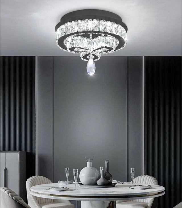 Alt view image 2 of 7 - 12'' Modern Crystal Chandelier LED Dimmable Flush Mount Ceiling Light Pendant Light for Hallway Living Room Bedroom Dining Room Foyer Black