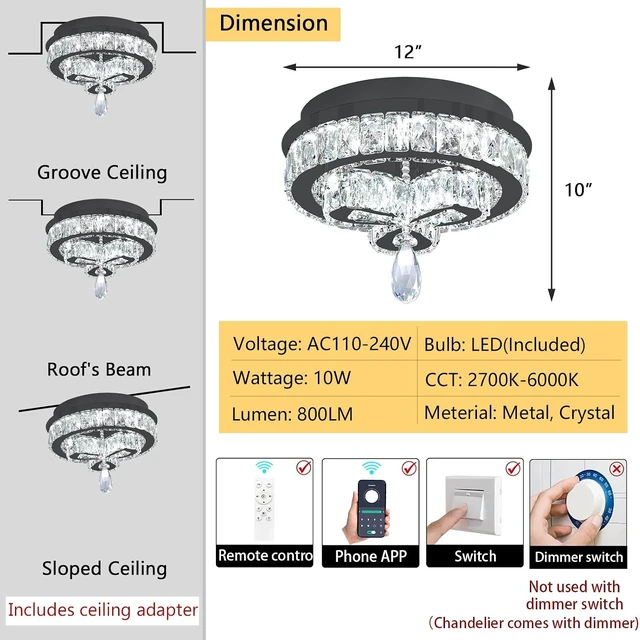 Alt view image 3 of 7 - 12'' Modern Crystal Chandelier LED Dimmable Flush Mount Ceiling Light Pendant Light for Hallway Living Room Bedroom Dining Room Foyer Black