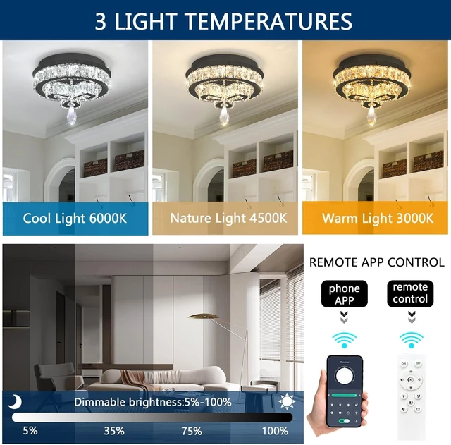 Alt view image 4 of 7 - 12'' Modern Crystal Chandelier LED Dimmable Flush Mount Ceiling Light Pendant Light for Hallway Living Room Bedroom Dining Room Foyer Black