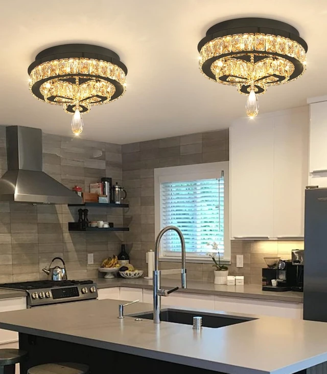 Alt view image 5 of 7 - 12'' Modern Crystal Chandelier LED Dimmable Flush Mount Ceiling Light Pendant Light for Hallway Living Room Bedroom Dining Room Foyer Black