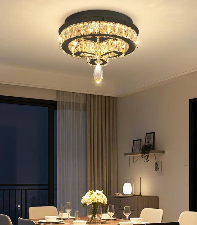 Alt view image 6 of 7 - 12'' Modern Crystal Chandelier LED Dimmable Flush Mount Ceiling Light Pendant Light for Hallway Living Room Bedroom Dining Room Foyer Black