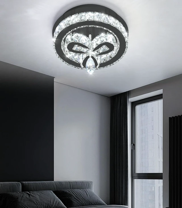 Alt view image 7 of 7 - 12'' Modern Crystal Chandelier LED Dimmable Flush Mount Ceiling Light Pendant Light for Hallway Living Room Bedroom Dining Room Foyer Black