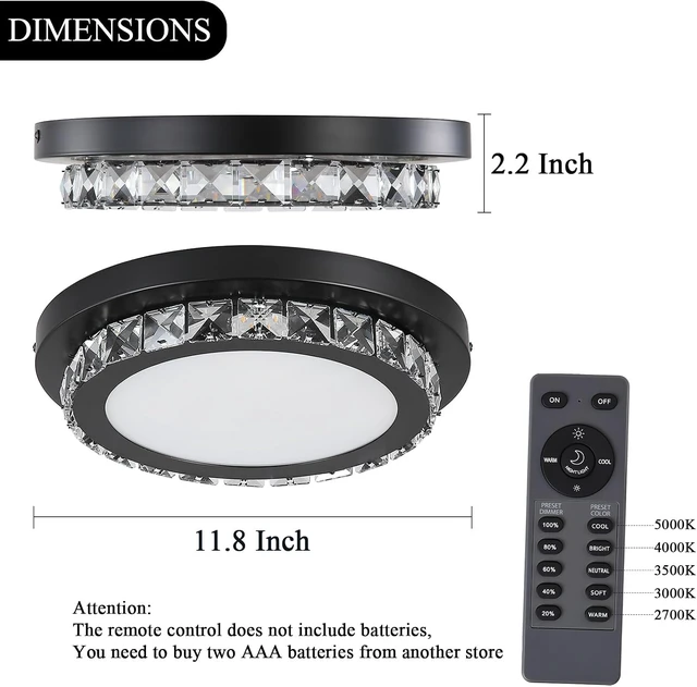 Alt view image 3 of 7 - Dimmable LED Flush Mount Ceiling Light Fixture with Remote Control,12Inch 24W 2700K-5000K Color Adjustable,Modern Black Crystal Flush Mount Chandelier Ceiling Lamp for Bedroom Kitchen