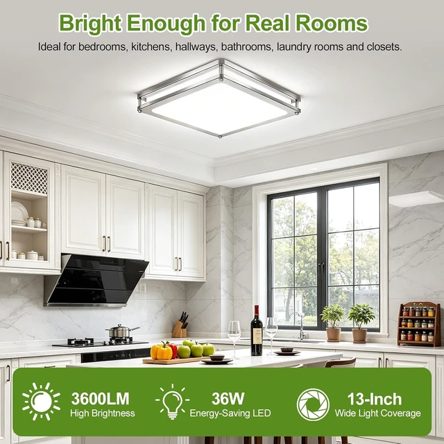Alt view image 2 of 7 - Square Flush Mount Ceiling Light, 13 Inch 2 Pack, 36W 3600LM Dimmable LED Ceiling Light Fixtures, 5CCT 2700K-6500K Adjustable, Modern Brushed Nickel Ceiling Lights for Kitchen Bedroom Hallway