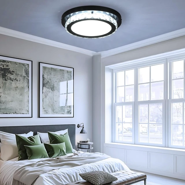 Alt view image 7 of 7 - Dimmable LED Flush Mount Ceiling Light Fixture with Remote Control,12Inch 24W 2700K-5000K Color Adjustable,Modern Black Crystal Flush Mount Chandelier Ceiling Lamp for Bedroom Kitchen