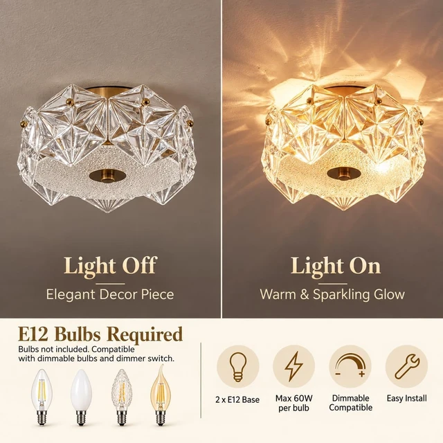 Alt view image 3 of 7 - AGV LIGHTING Flush Mount Ceiling Light Fixture, Gold Crystal Ceiling Light Fixture, D9 x H5, Shield Shaped Glass Shade