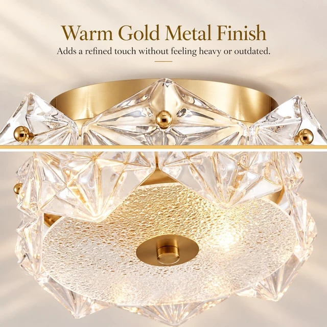 Alt view image 5 of 7 - AGV LIGHTING Flush Mount Ceiling Light Fixture, Gold Crystal Ceiling Light Fixture, D9 x H5, Shield Shaped Glass Shade