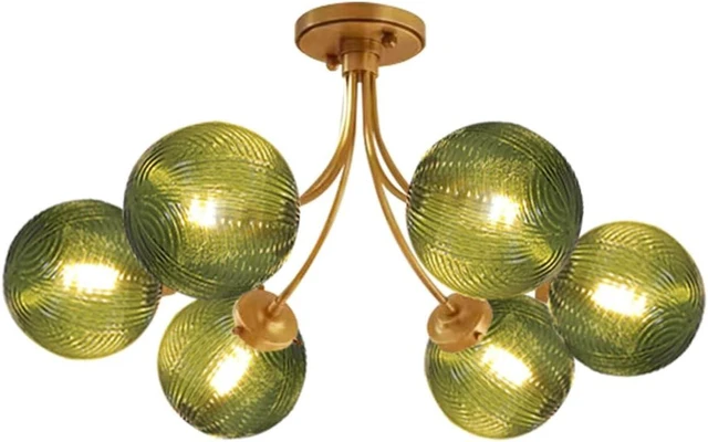 Main image of Mid Century 6-Light Gold Chandelier Green Flush Mount Ceiling Light