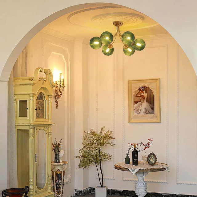 Alt view image 7 of 7 - Mid Century 6-Light Gold Chandelier Green Flush Mount Ceiling Light