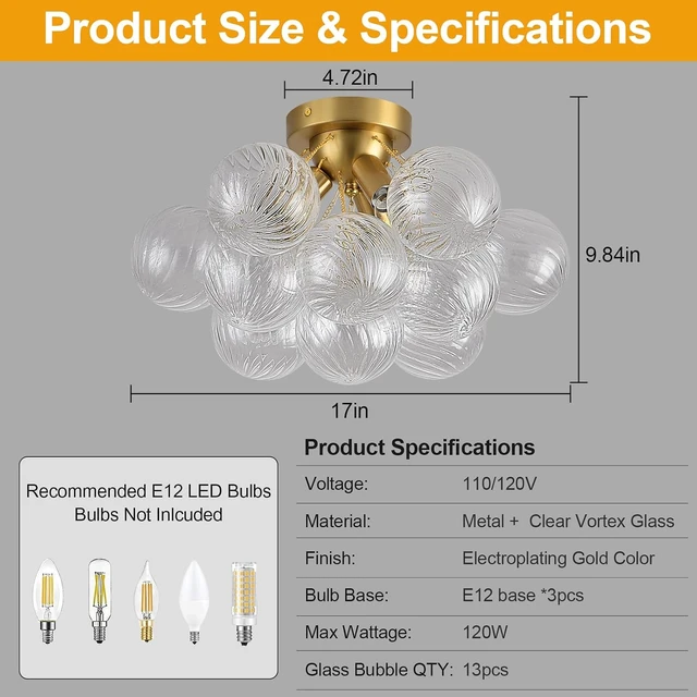 Alt view image 6 of 7 - Bubble Chandelier Bubble Ceiling Light 17in, Clear Swirled Globe