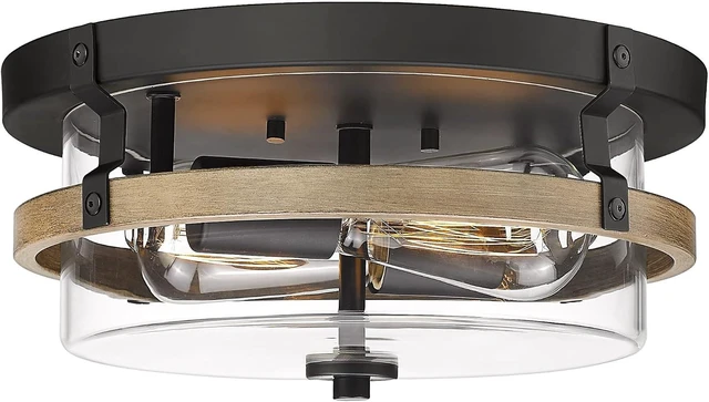 Main image of EAPUDUN Farmhouse Ceiling Light, Wooden Flush Mount Ceiling Light Fixtures with Clear Glass Shade, Retro 2-Light Ceiling Lamp for Hallway Entryway Bedroom Kitchen Dining Room FMA1443-FBDT