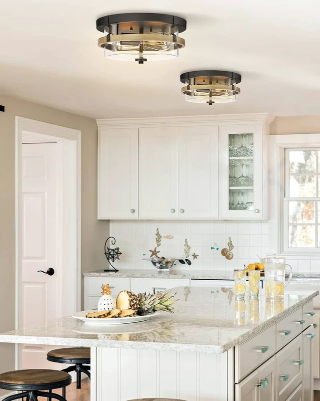 Alt view image 2 of 7 - EAPUDUN Farmhouse Ceiling Light, Wooden Flush Mount Ceiling Light Fixtures with Clear Glass Shade, Retro 2-Light Ceiling Lamp for Hallway Entryway Bedroom Kitchen Dining Room FMA1443-FBDT