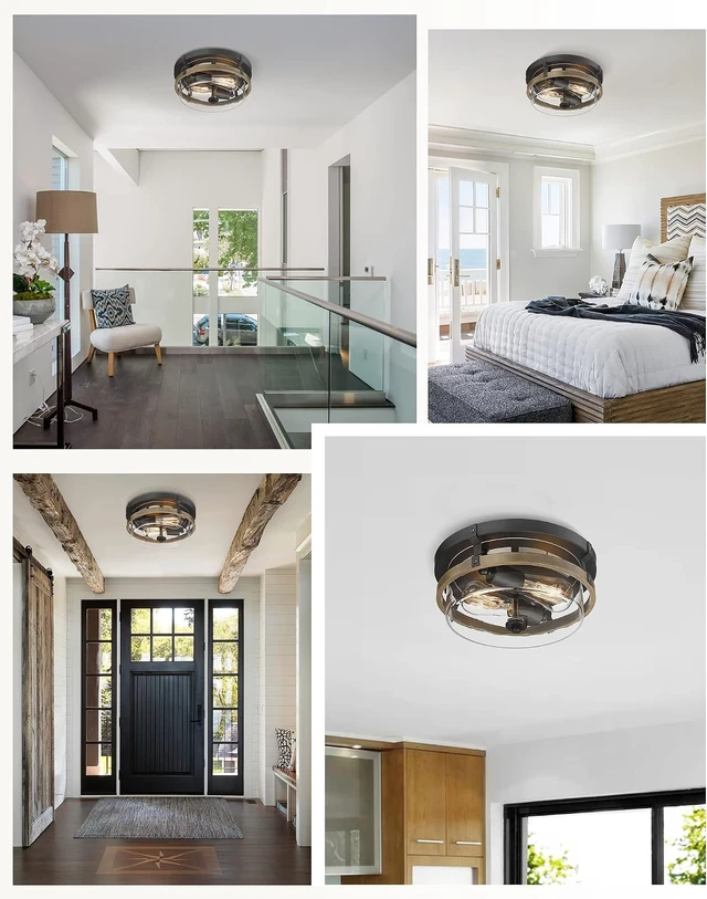 Alt view image 5 of 7 - EAPUDUN Farmhouse Ceiling Light, Wooden Flush Mount Ceiling Light Fixtures with Clear Glass Shade, Retro 2-Light Ceiling Lamp for Hallway Entryway Bedroom Kitchen Dining Room FMA1443-FBDT