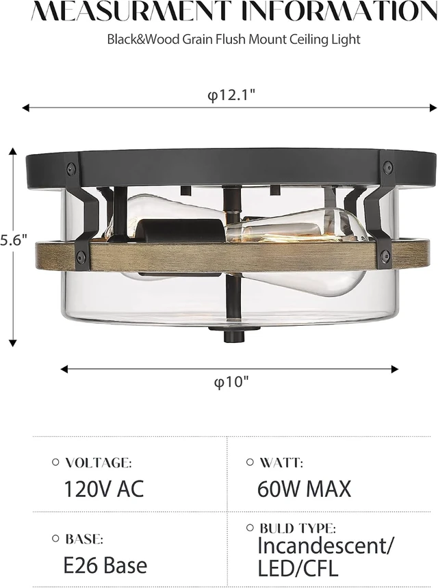 Alt view image 4 of 7 - EAPUDUN Farmhouse Ceiling Light, Wooden Flush Mount Ceiling Light Fixtures with Clear Glass Shade, Retro 2-Light Ceiling Lamp for Hallway Entryway Bedroom Kitchen Dining Room FMA1443-FBDT