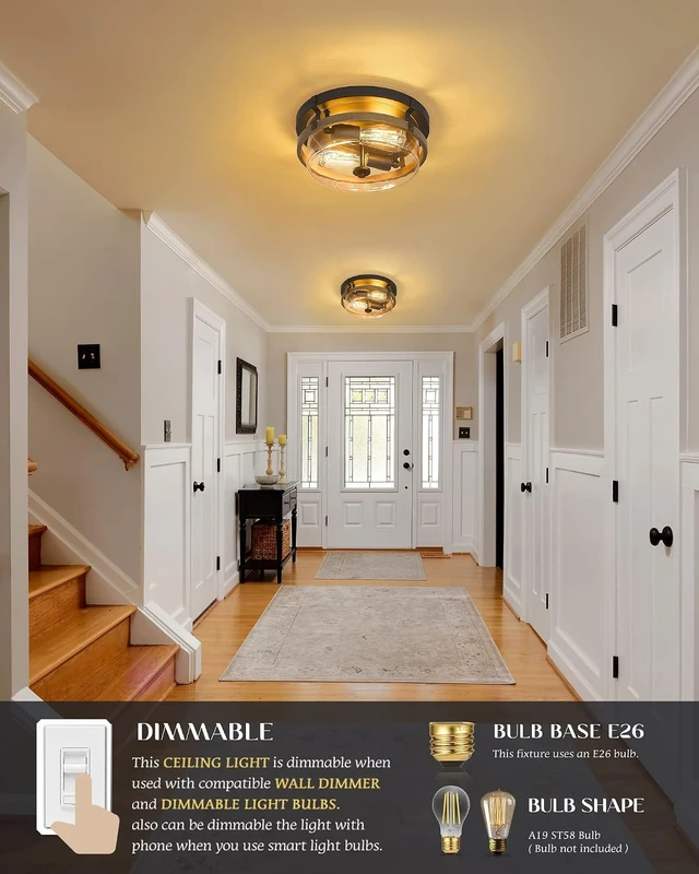 Alt view image 3 of 7 - EAPUDUN Farmhouse Ceiling Light, Wooden Flush Mount Ceiling Light Fixtures with Clear Glass Shade, Retro 2-Light Ceiling Lamp for Hallway Entryway Bedroom Kitchen Dining Room FMA1443-FBDT