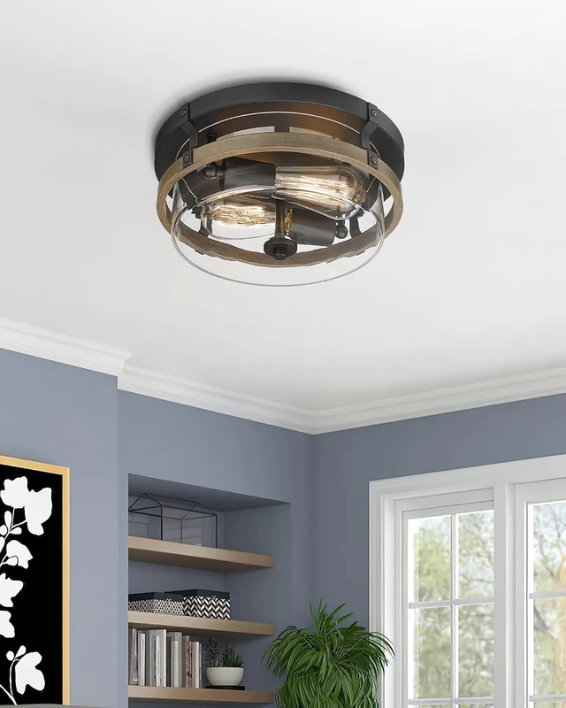 Alt view image 7 of 7 - EAPUDUN Farmhouse Ceiling Light, Wooden Flush Mount Ceiling Light Fixtures with Clear Glass Shade, Retro 2-Light Ceiling Lamp for Hallway Entryway Bedroom Kitchen Dining Room FMA1443-FBDT