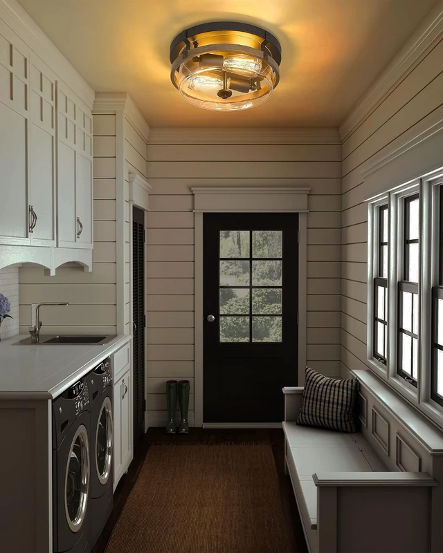 Alt view image 6 of 7 - EAPUDUN Farmhouse Ceiling Light, Wooden Flush Mount Ceiling Light Fixtures with Clear Glass Shade, Retro 2-Light Ceiling Lamp for Hallway Entryway Bedroom Kitchen Dining Room FMA1443-FBDT