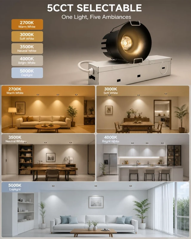 Alt view image 2 of 7 - Sublimation 2 inch 5CCT Anti-Glare Led Recessed Lights, Deep Trim Canless Downlight, Waterproof recessed Lighting for Shower, CRI90+, 9W, 800LM Dimmable Can Lights with Jbox, Black, ETL (6 Pack)