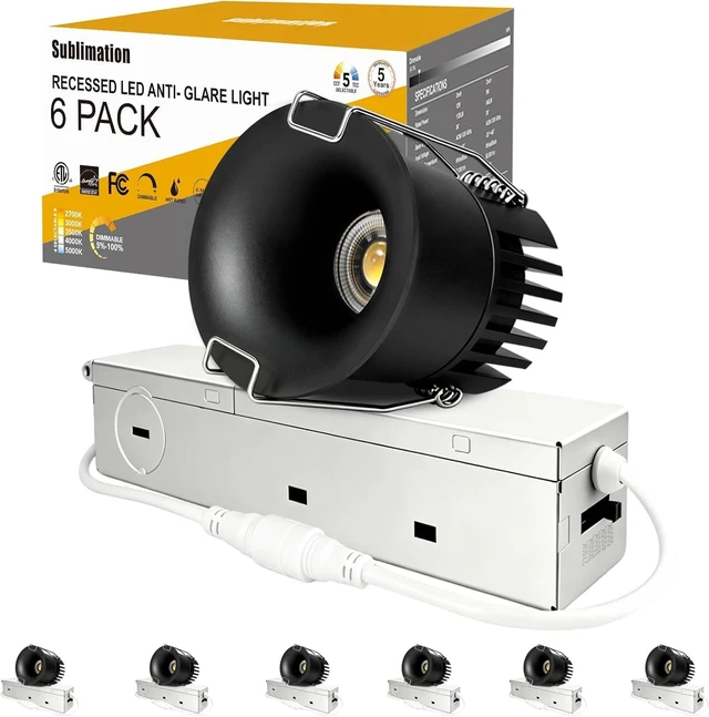 Main image of Sublimation 2 inch 5CCT Anti-Glare Led Recessed Lights, Deep Trim Canless Downlight, Waterproof recessed Lighting for Shower, CRI90+, 9W, 800LM Dimmable Can Lights with Jbox, Black, ETL (6 Pack)