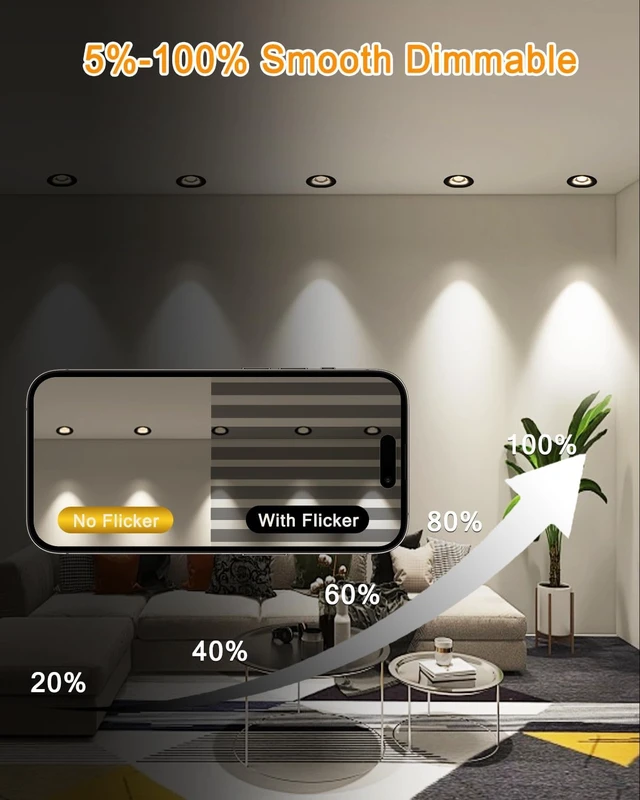 Alt view image 4 of 7 - Sublimation 2 inch 5CCT Anti-Glare Led Recessed Lights, Deep Trim Canless Downlight, Waterproof recessed Lighting for Shower, CRI90+, 9W, 800LM Dimmable Can Lights with Jbox, Black, ETL (6 Pack)