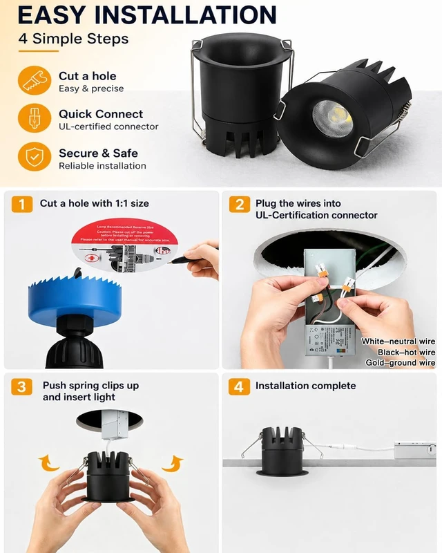 Alt view image 6 of 7 - Sublimation 2 inch 5CCT Anti-Glare Led Recessed Lights, Deep Trim Canless Downlight, Waterproof recessed Lighting for Shower, CRI90+, 9W, 800LM Dimmable Can Lights with Jbox, Black, ETL (6 Pack)
