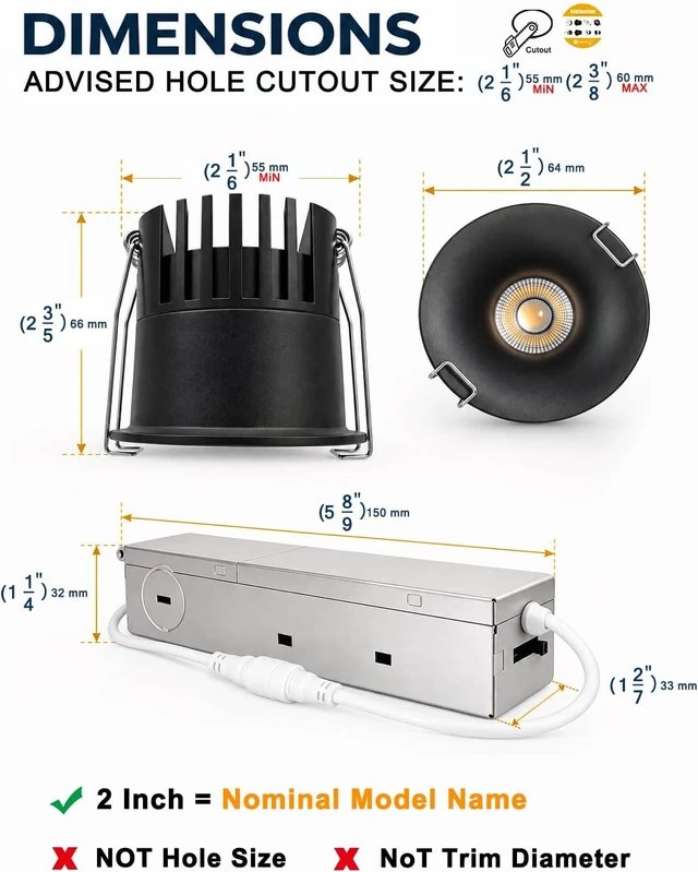 Alt view image 7 of 7 - Sublimation 2 inch 5CCT Anti-Glare Led Recessed Lights, Deep Trim Canless Downlight, Waterproof recessed Lighting for Shower, CRI90+, 9W, 800LM Dimmable Can Lights with Jbox, Black, ETL (6 Pack)