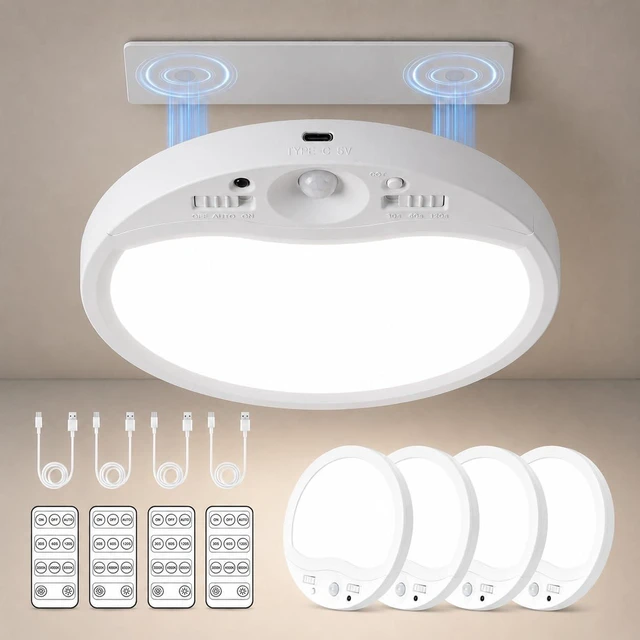 Main image of 4PK Rechargeable Motion Sensor Ceiling Light With Remote, Magnetic Easy Use