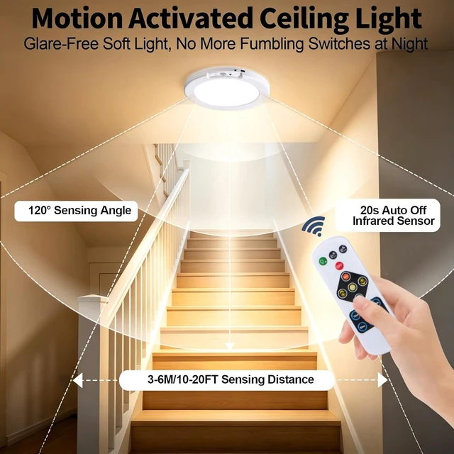 Alt view image 3 of 7 - Rechargeable Ceiling Light with Remote, 8000mAh Magnetic Motion Sensor Ceiling Light, 7.5in Slim Motion Sensor Light with Timer for Hallway, Gagrage, Stairs, Closet, Shower2pack