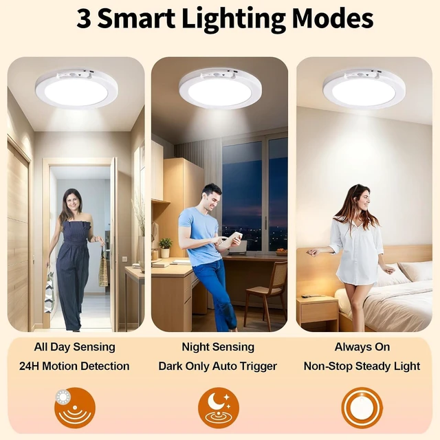 Alt view image 5 of 7 - Rechargeable Ceiling Light with Remote, 8000mAh Magnetic Motion Sensor Ceiling Light, 7.5in Slim Motion Sensor Light with Timer for Hallway, Gagrage, Stairs, Closet, Shower2pack