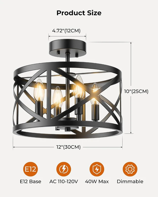 Alt view image 2 of 7 - Matane Semi Flush Mount Ceiling Light, 4-Light 12inch Farmhouse Modern Light Fixture with X-Shape Cage, Industrial Rustic Ceiling Lamp for Kitchen, Dining Room, Bedroom, Hallway, Laundry Room, Black
