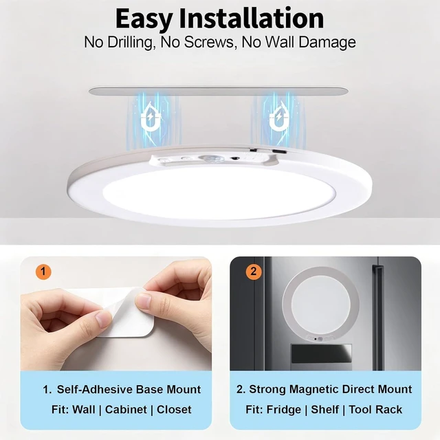 Alt view image 7 of 7 - Rechargeable Ceiling Light with Remote, 8000mAh Magnetic Motion Sensor Ceiling Light, 7.5in Slim Motion Sensor Light with Timer for Hallway, Gagrage, Stairs, Closet, Shower2pack