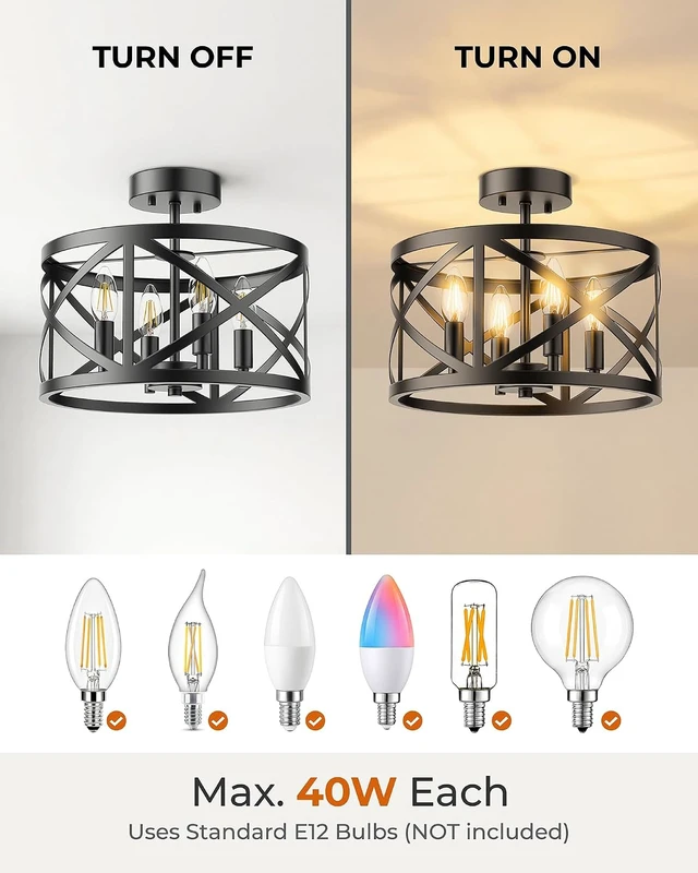 Alt view image 3 of 7 - Matane Semi Flush Mount Ceiling Light, 4-Light 12inch Farmhouse Modern Light Fixture with X-Shape Cage, Industrial Rustic Ceiling Lamp for Kitchen, Dining Room, Bedroom, Hallway, Laundry Room, Black